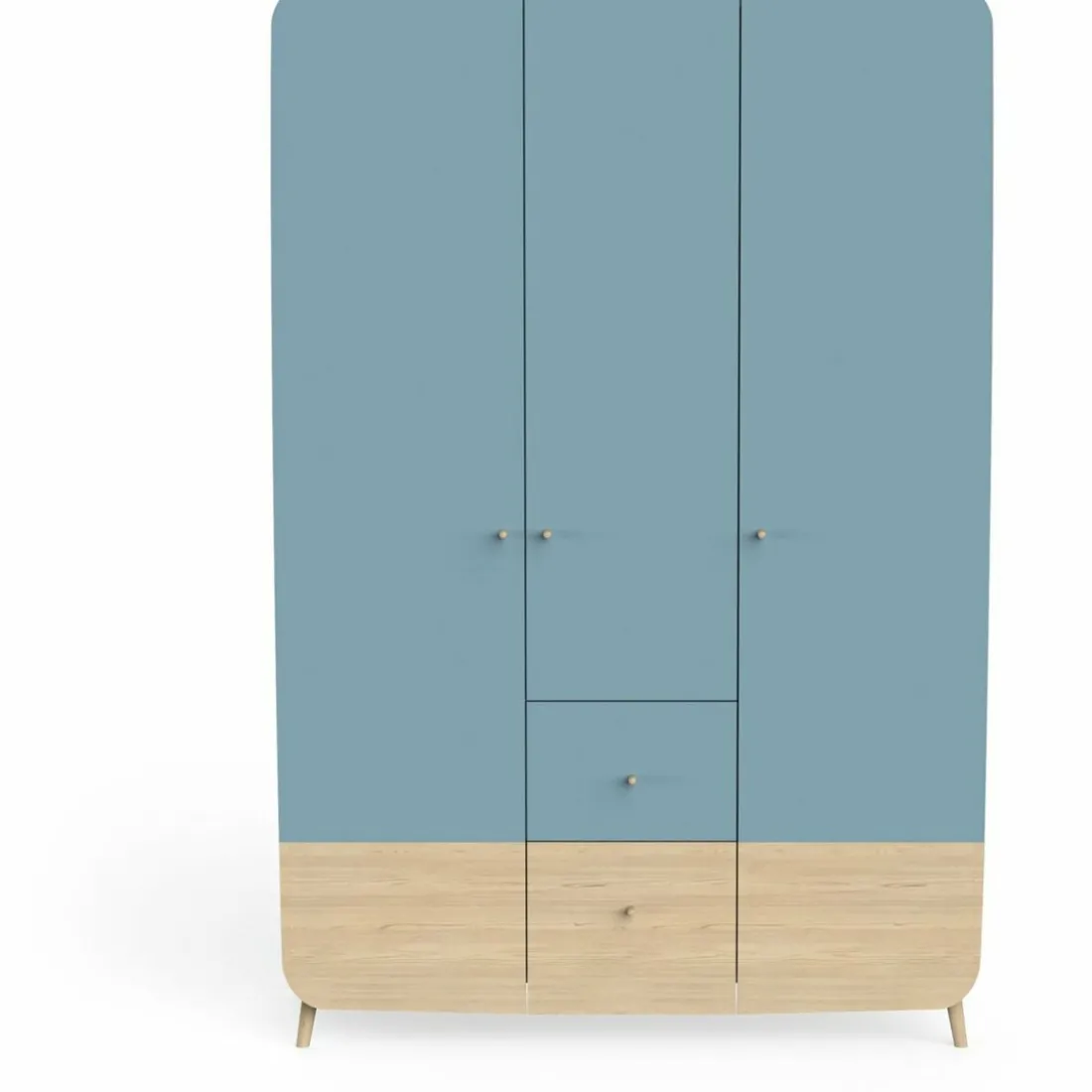 Armoire 3 Portes + 4 tiroirs FIRMIANA bleu orage et pin naturel