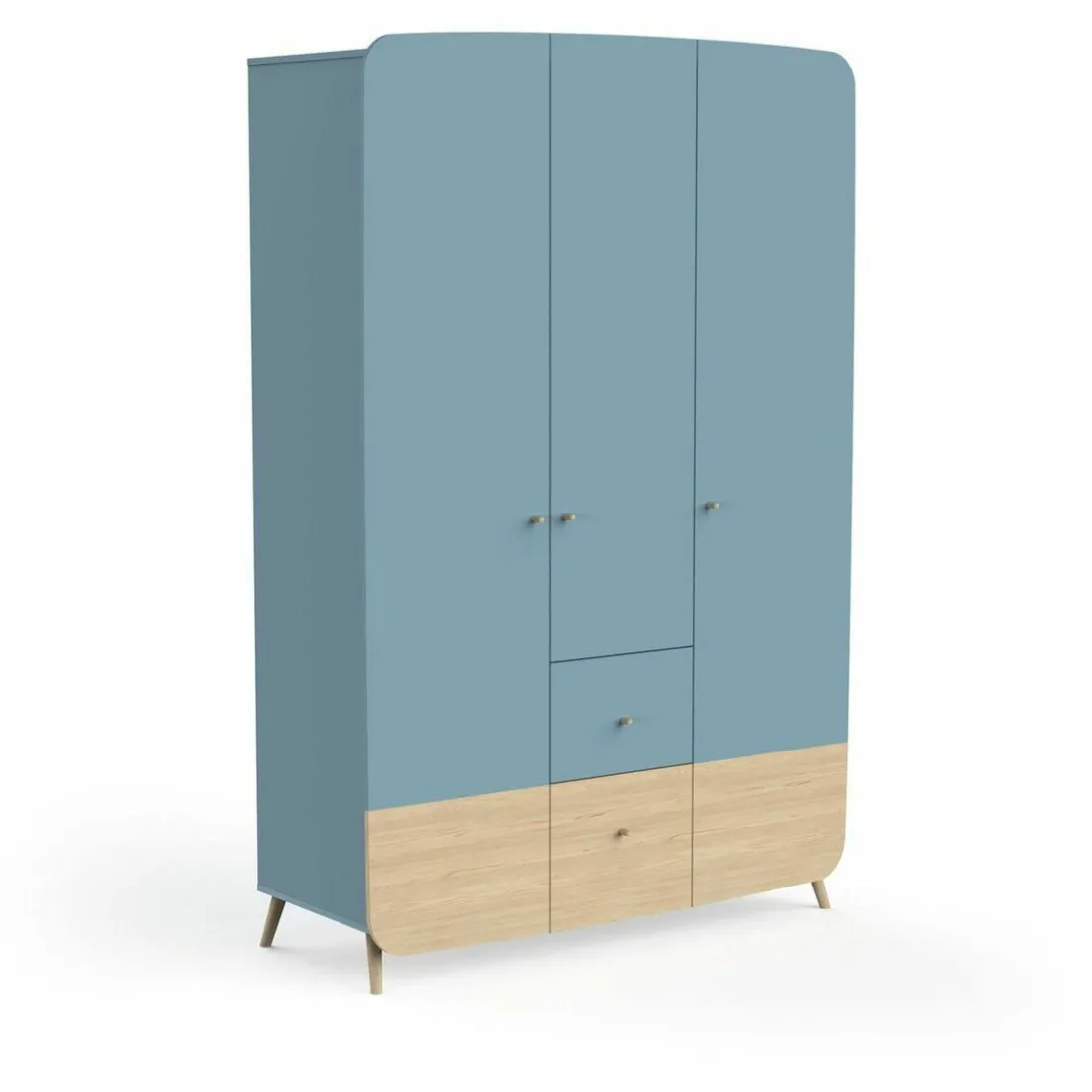 Armoire 3 Portes + 4 tiroirs FIRMIANA bleu orage et pin naturel