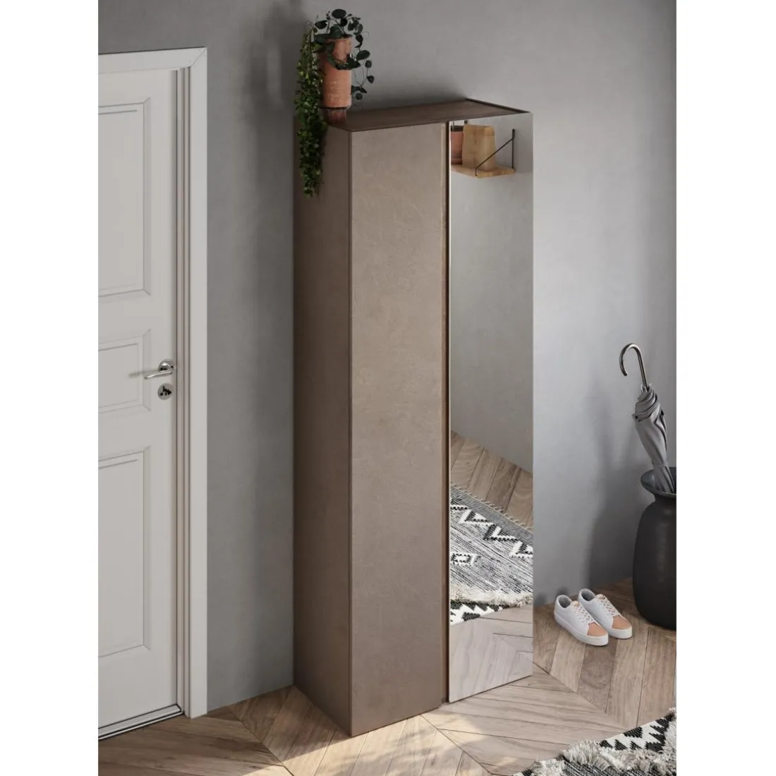 Armoire 2 portes de rangement Ferrare avec Miroir et 10 étageres réglables bronze et chêne L70x185