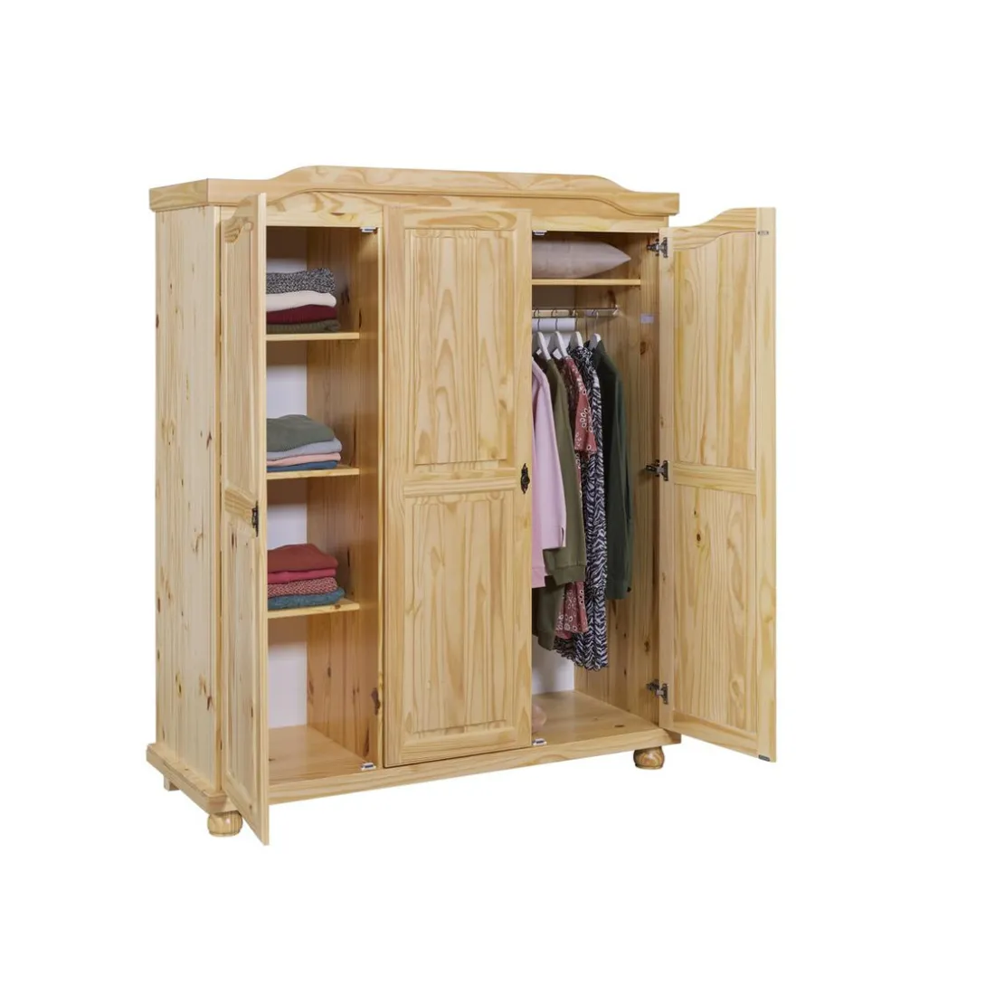 Armoire 4 étagères et Penderie style Campagne en Pin Massif HICTO