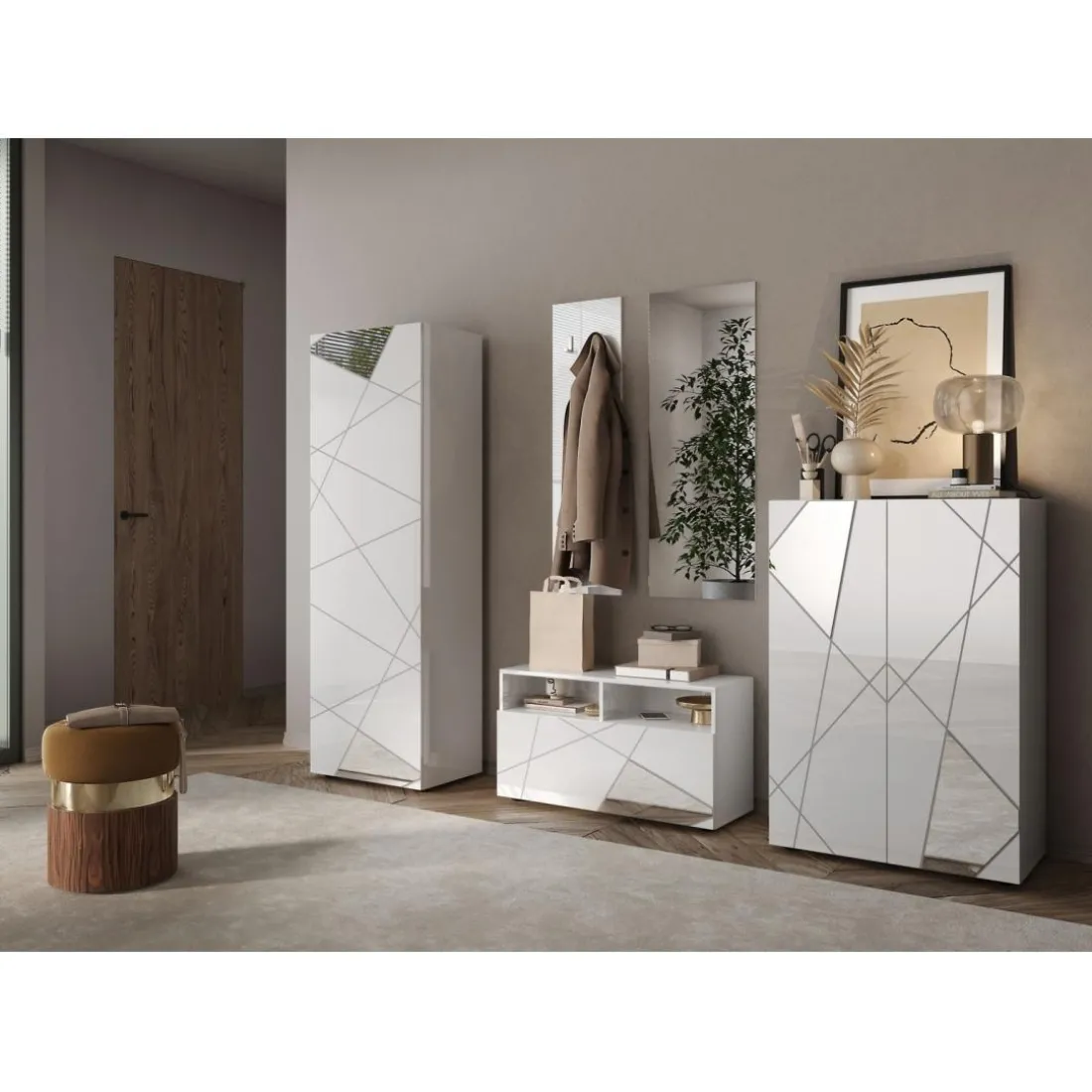 Armoire de couloir Villaricca 1 Porte blanc serigraphie Miroir
