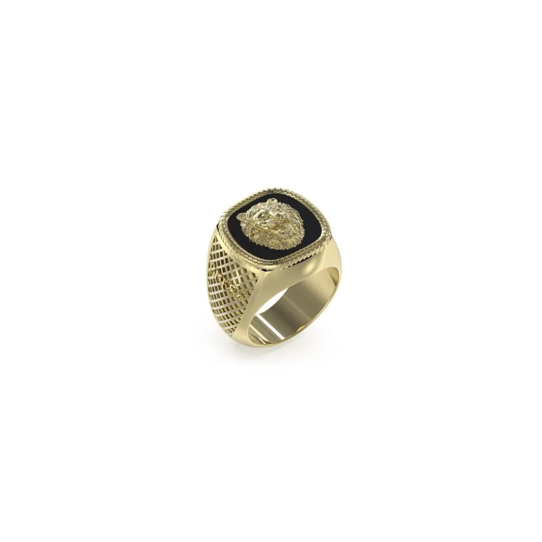 Bague Lion King Acier Doré Forme Chevalière Et Tête De Lion Sur Fond Noir Gm