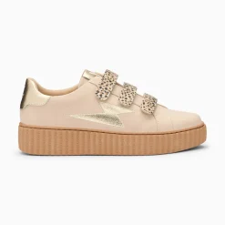 Baskets éclair Aby beige et or à scratchs léopard