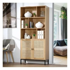 Bibliothèque 6 Cases et 2 Portes en Rotin Naturel en bois Beige