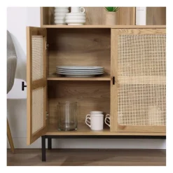 Bibliothèque 6 Cases et 2 Portes en Rotin Naturel en bois Beige