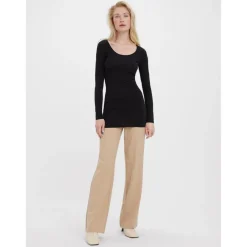 Blouse Regular Fit Col en U Manches longues Extra long noir