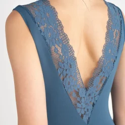 Body décolleté en dentelle - Bleu