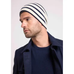 Bonnet unisexe SAILOR en cachemire blanc et bleu marine