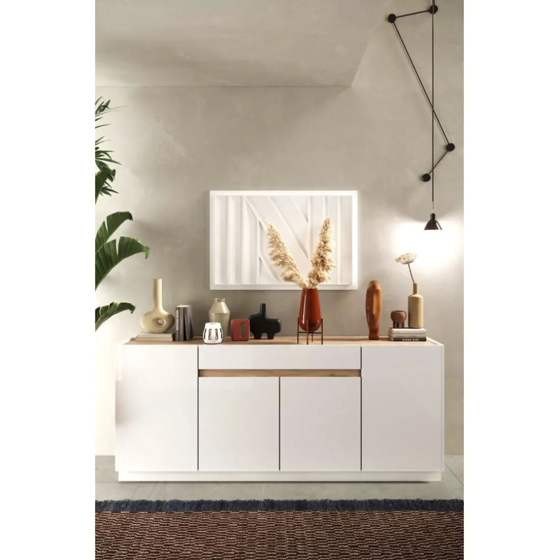 Buffet 4 portes 1 tiroir blanc laqué chene
