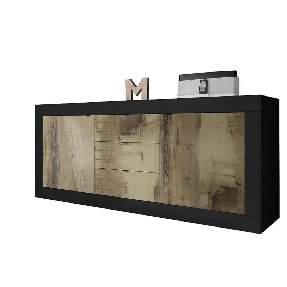 Buffet 2 portes 3 tiroirs bicolore effet bois