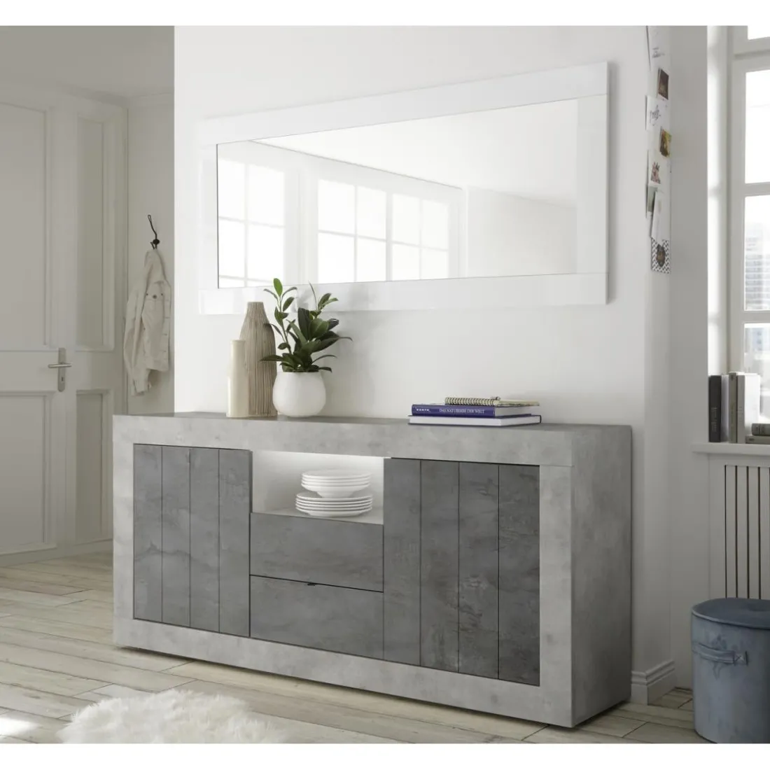 Buffet 2 portes battantes et 2 tiroirs URBINO cement et oxyde