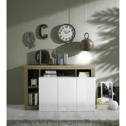 Buffet 3 portes blanc lacqué brillant chene Cadiz