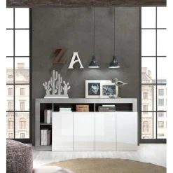 Buffet 4 portes blanc lacqué brillant béton