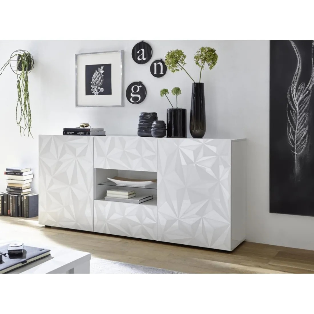 Buffet 2 portes et 2 tiroirs PRISMA laqué blanc brillant