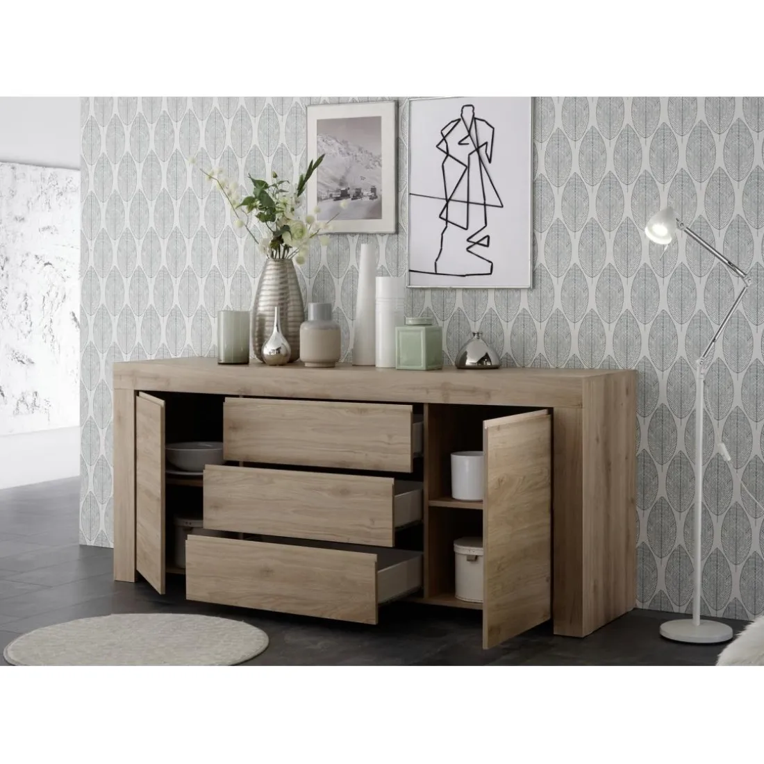 Buffet 2 portes et 3 tiroirs en bois FIRENZE décor chene