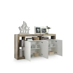 Buffet 4 portes HAMBURG décor chene et laqué blanc
