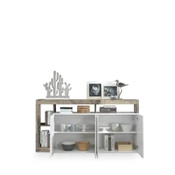 Buffet 4 portes HAMBURG décor chene et laqué blanc