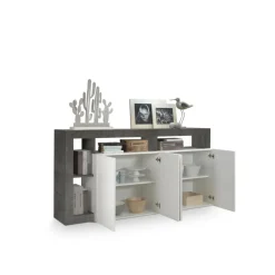 Buffet 4 portes HAMBURG laqué blanc et oxyde