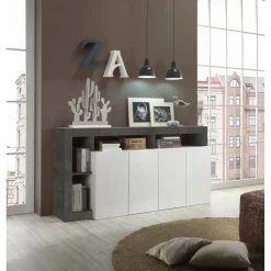 Buffet 4 portes HAMBURG laqué blanc et oxyde