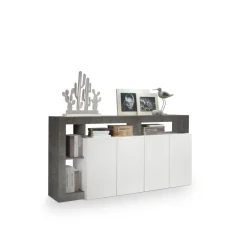 Buffet 4 portes HAMBURG laqué blanc et oxyde
