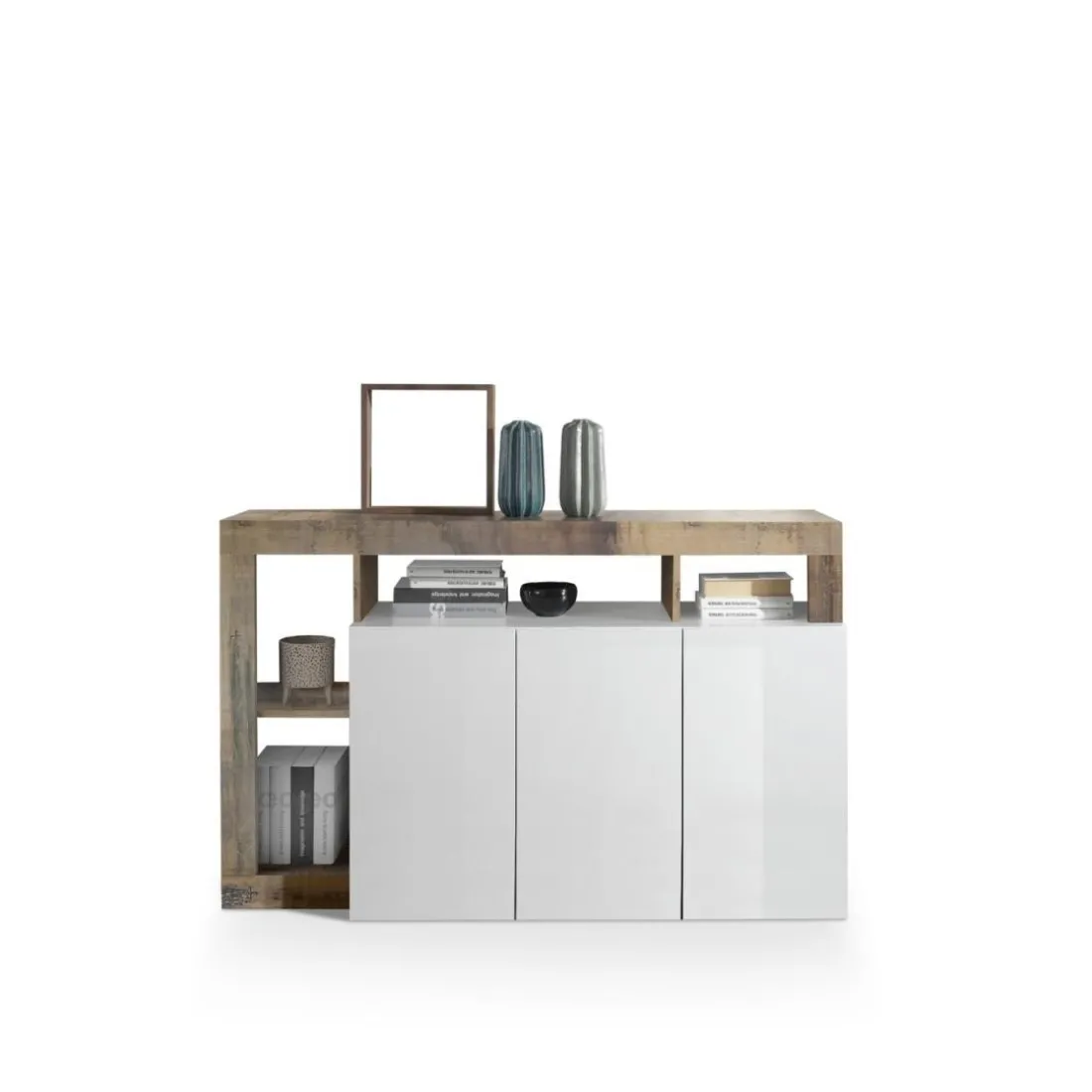 Buffet 3 portes MANGO décor chene et laqué blanc