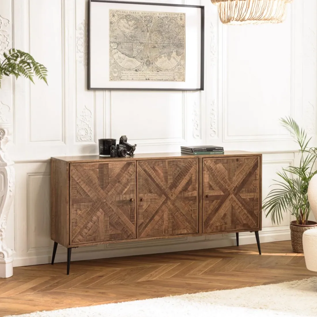 Buffet bois 3 portes symétriques pieds métal KIARA