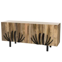 Buffet bois Manguier 177x45cm 4 portes 2 étagères déco branches pieds métal Bangalore