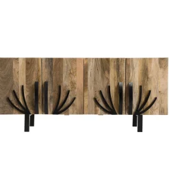 Buffet bois Manguier 177x45cm 4 portes 2 étagères déco branches pieds métal Bangalore