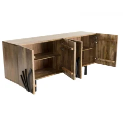 Buffet bois Manguier 177x45cm 4 portes 2 étagères déco branches pieds métal Bangalore
