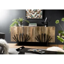 Buffet bois Manguier 177x45cm 4 portes 2 étagères déco branches pieds métal Bangalore