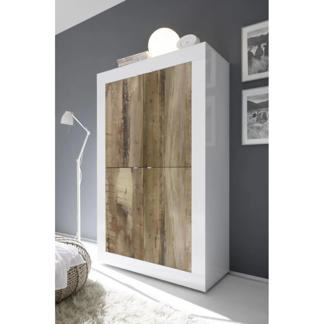 Buffet haut 4 portes en bois BASIC blanc et décor chene pero