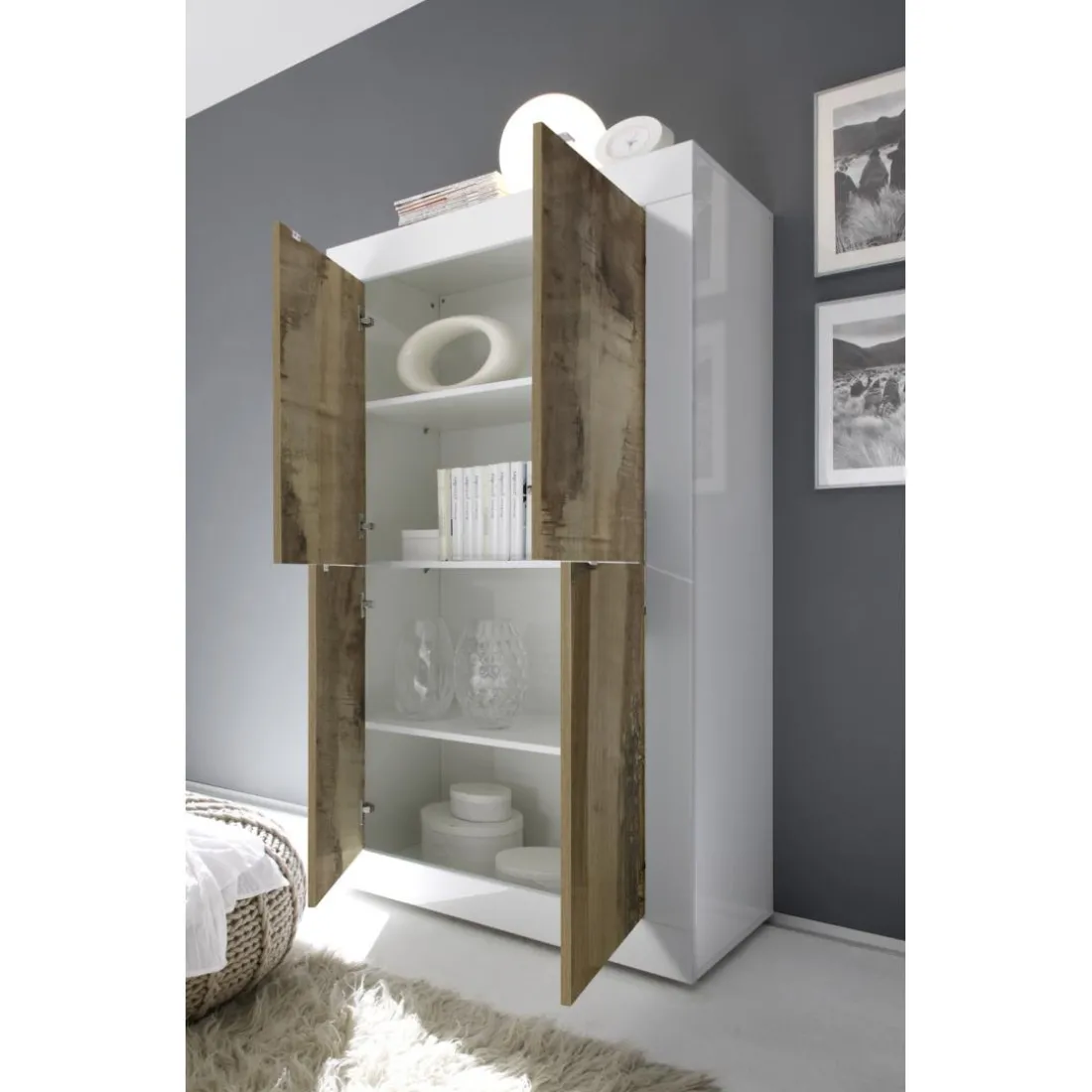 Buffet haut 4 portes en bois BASIC blanc et décor chene pero