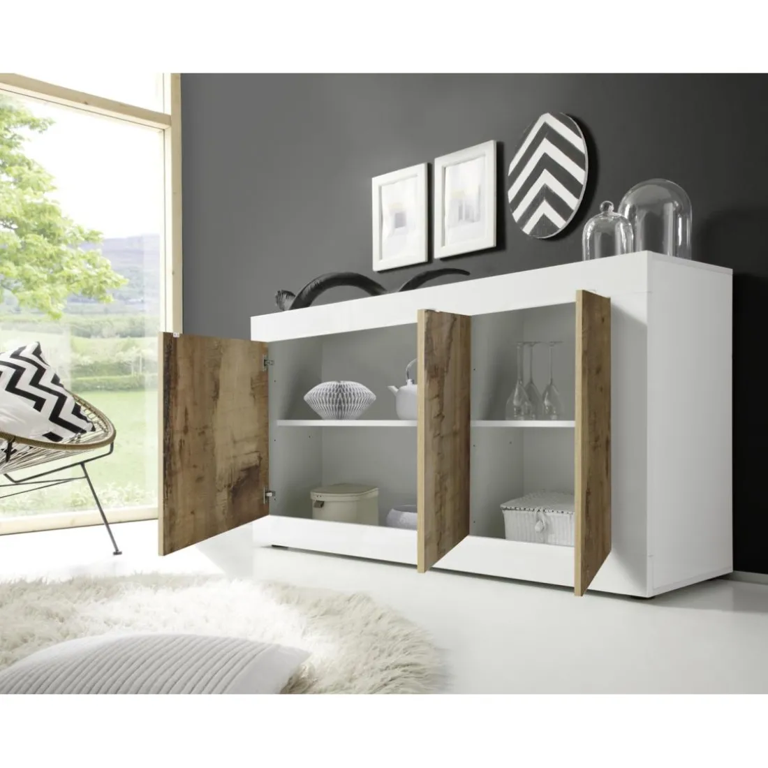 Buffet haut 4 portes en bois BASIC blanc et décor chene pero