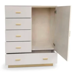 Buffet haut moderne 5 tiroirs et 1 porte Taupe clair et Or
