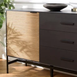 Buffet marron et noir 3 tiroirs 2 portes Pin pieds métal noir