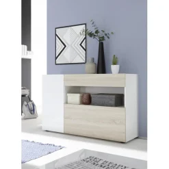 Buffet une porte, 1 tiroir, 1 abattant NICE blanc et facade décor chene