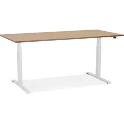 Bureau réglable en hauteur électrique 'TRONIK' blanc avec plateau en bois finition Noyer