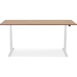 Bureau réglable en hauteur électrique 'TRONIK' blanc avec plateau en bois finition Noyer