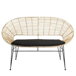 Canapé 2 Places CHLOE Rotin Naturel NEWPORT Coussin Noir Pieds Métal