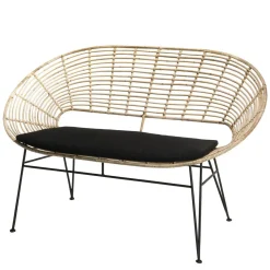 Canapé 2 Places CHLOE Rotin Naturel NEWPORT Coussin Noir Pieds Métal