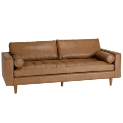 Canapé 3 places cuir couleur caramel assise capitonnée PIERRE