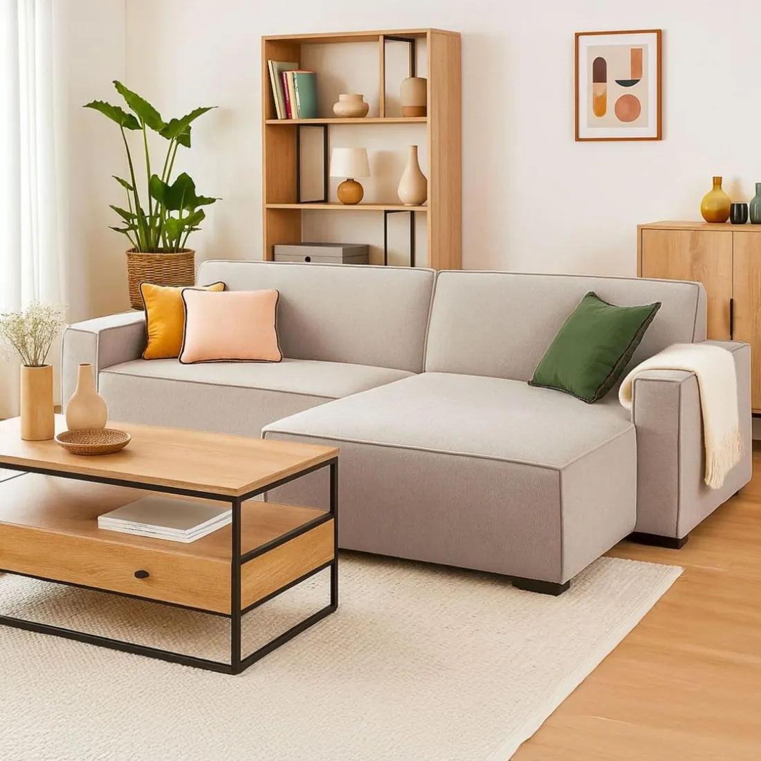 Canapé convertible cic-clac avec angle réversible Pikado Tissu effet lin Taupe clair