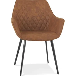 Chaise avec accoudoirs 'CHIGI' gaufrée en microfibre brune et pieds en métal noir