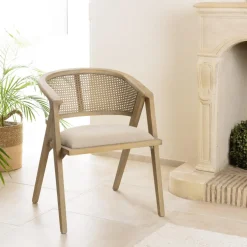 Chaise en bois assise tissu couleur lin dossier rotin naturel PIERRE