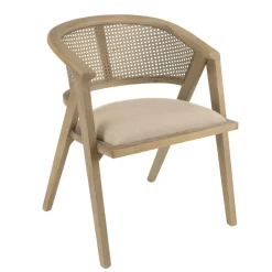 Chaise en bois assise tissu couleur lin dossier rotin naturel PIERRE