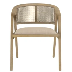 Chaise en bois assise tissu couleur lin dossier rotin naturel PIERRE
