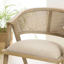 Chaise en bois assise tissu couleur lin dossier rotin naturel PIERRE