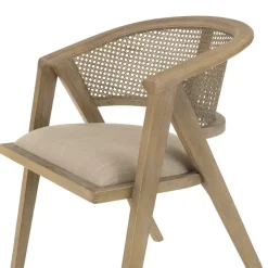 Chaise en bois assise tissu couleur lin dossier rotin naturel PIERRE