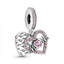 Charm Double Pendant Cœur gravé & Cœur Mum cristaux Rose Pandora Passions - Argent