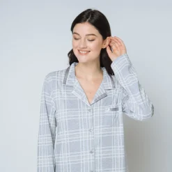 Chemise de nuit à carreaux Coton Femme gris